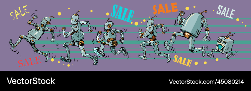 Männer und Roboter laufen zum Verkauf schnell Marathon Vektorbild