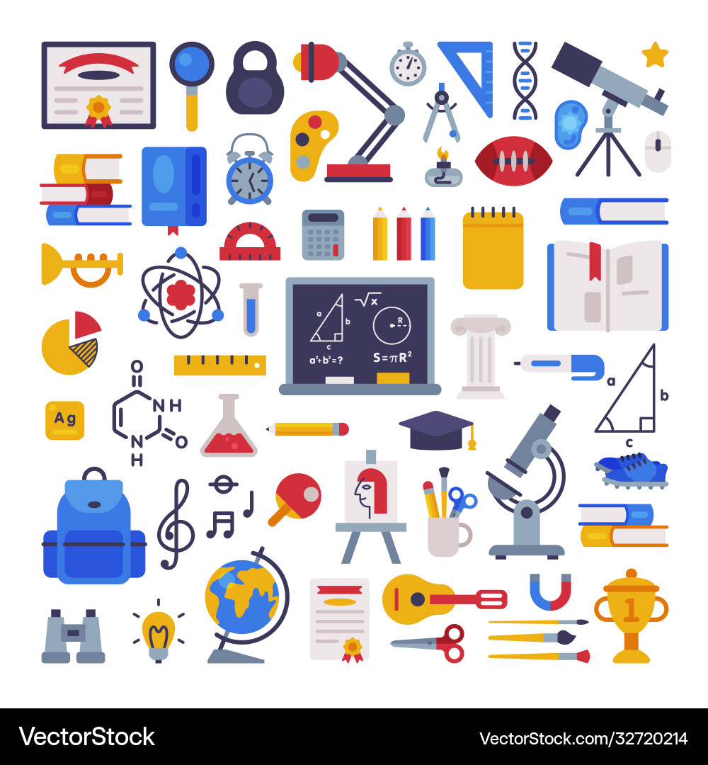 School supplies collection education learning School supplies collection education learning Vector Image