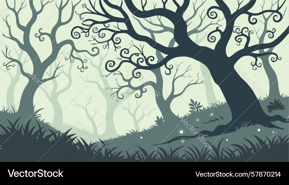 Spooky forest path with twisted trees and shadows Vector Image