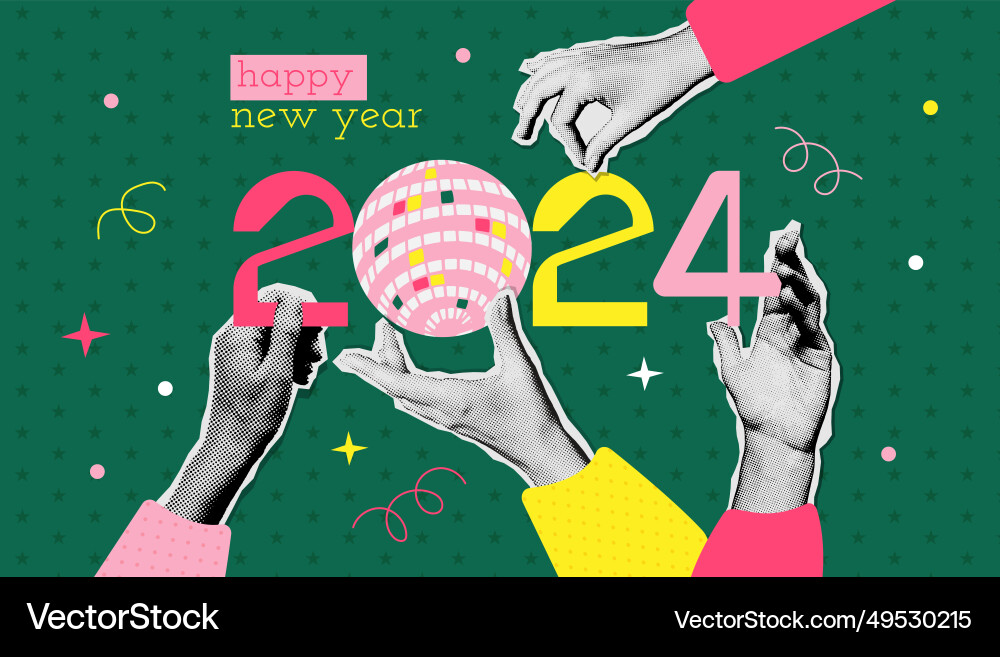 Happy new year 2024 halftone paper stickers Happy new year 2024 halftone paper stickers vector image