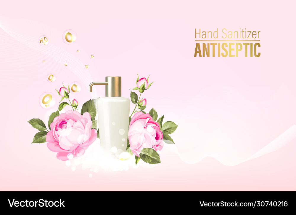Bottle antiseptic gel over pink rose flowers Bottle antiseptic gel over pink rose flowers vector image