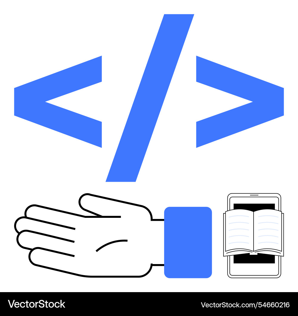 Coding elements with hand gesture and open book Coding elements with hand gesture and open book vector image