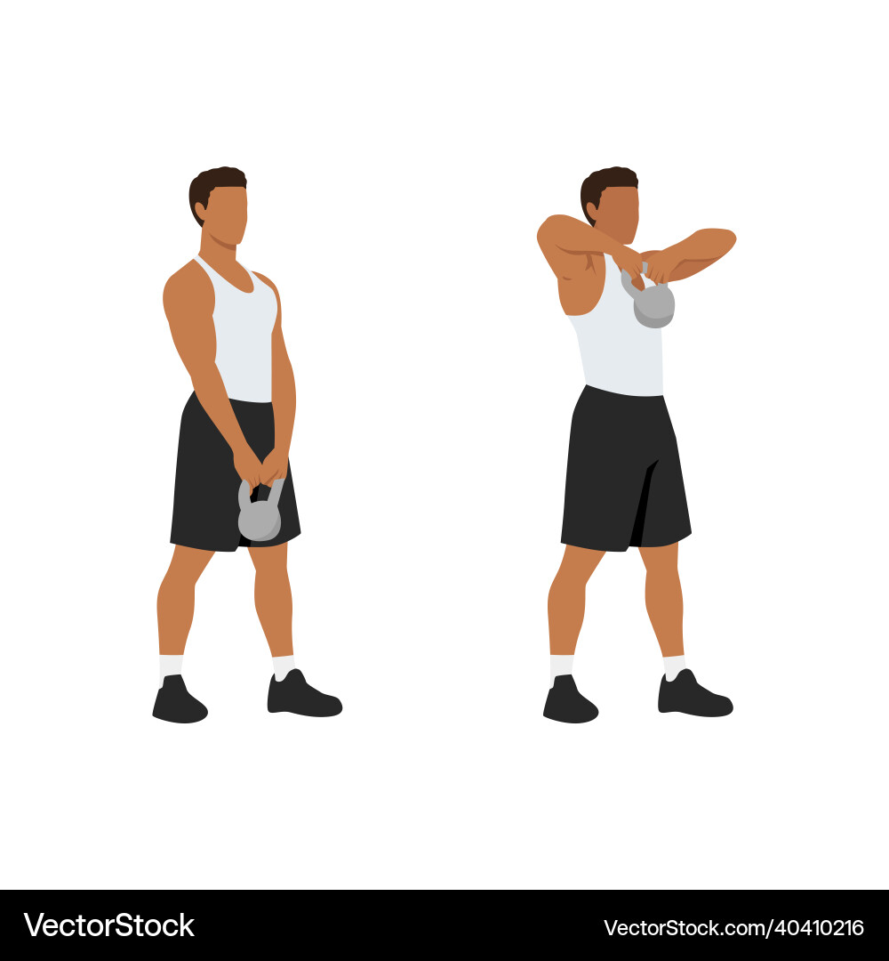 Man doing upright kettlebell front rows exercise Man doing upright kettlebell front rows exercise Vector Image