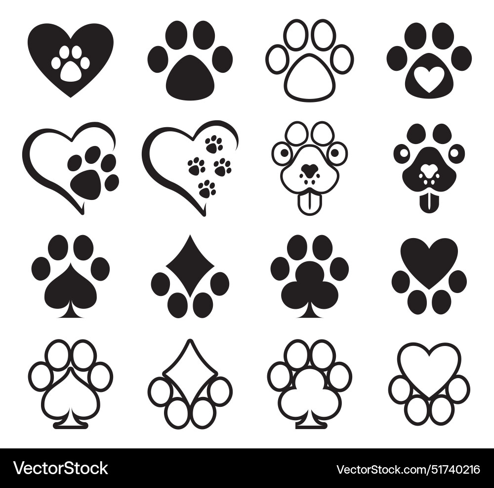 Pet Paw Prints & Heart Icons Vector Image