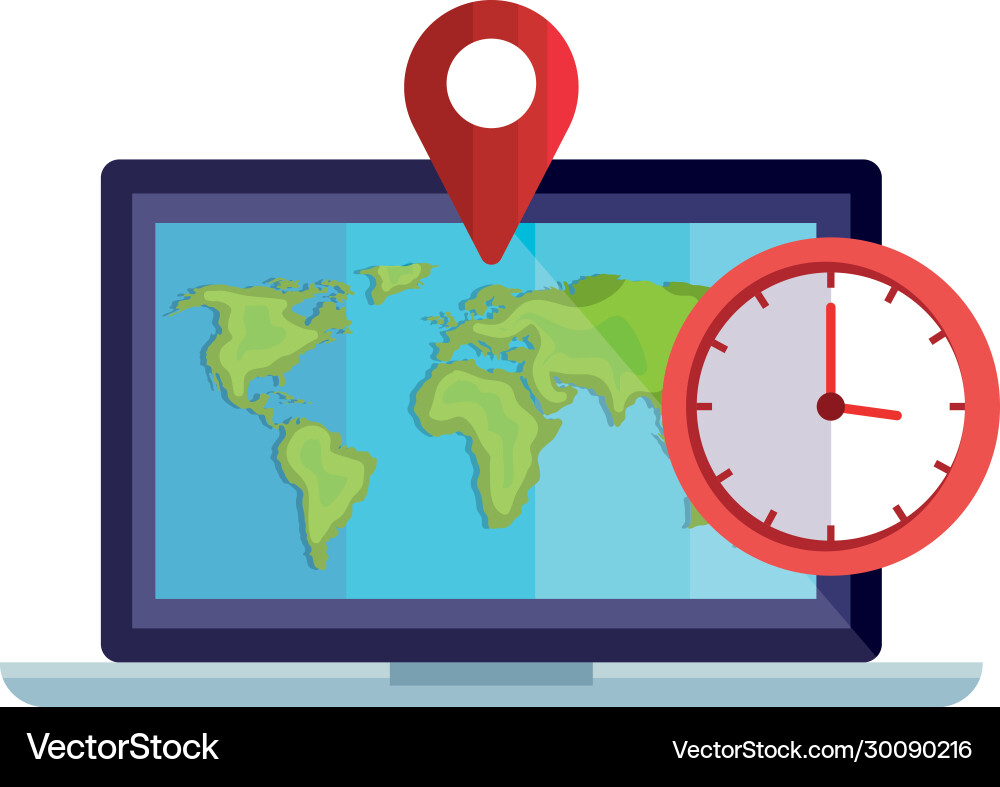 Pin pointer location with laptop and icons vector image