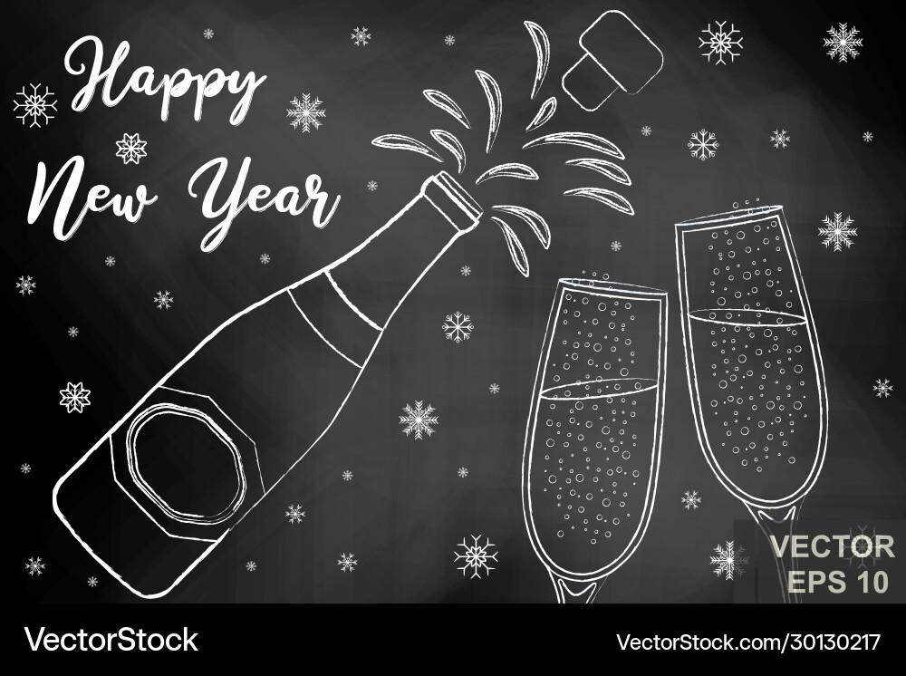 Chalk board champagne happy new year and merry Vector Image