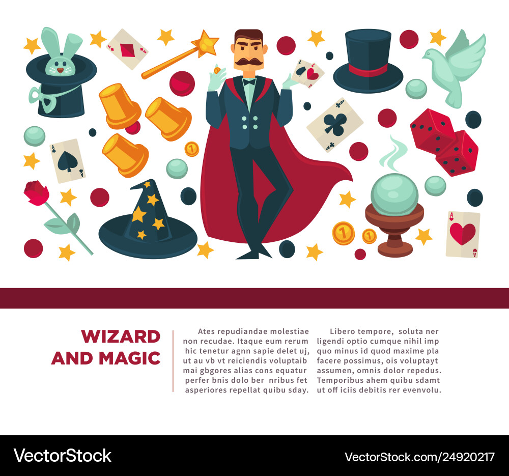 Wizard and magic man with magical attributes Wizard and magic man with magical attributes vector image