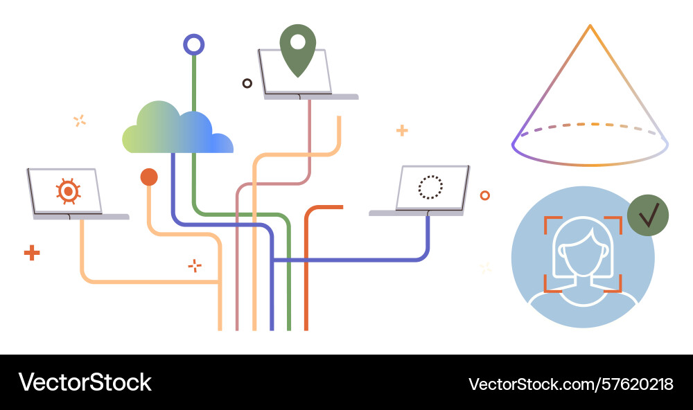 Cloud data integration across laptops with facial Cloud data integration across laptops with facial vector image