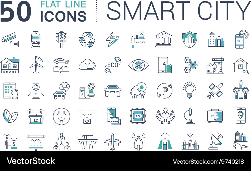 Smart City Line Icons - Technology & Urban Vector Image