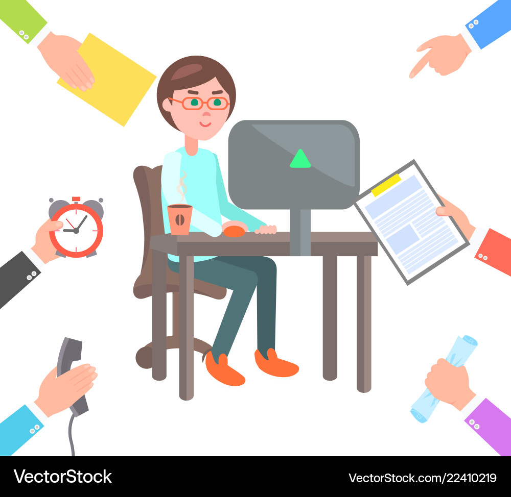 Man at computer charged with calls and documents Man at computer charged with calls and documents vector image