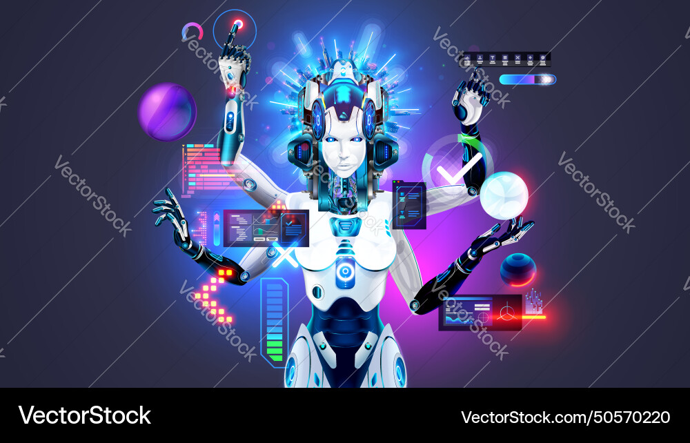 Ai in image of female robot works with computer Ai in image of female robot works with computer vector image
