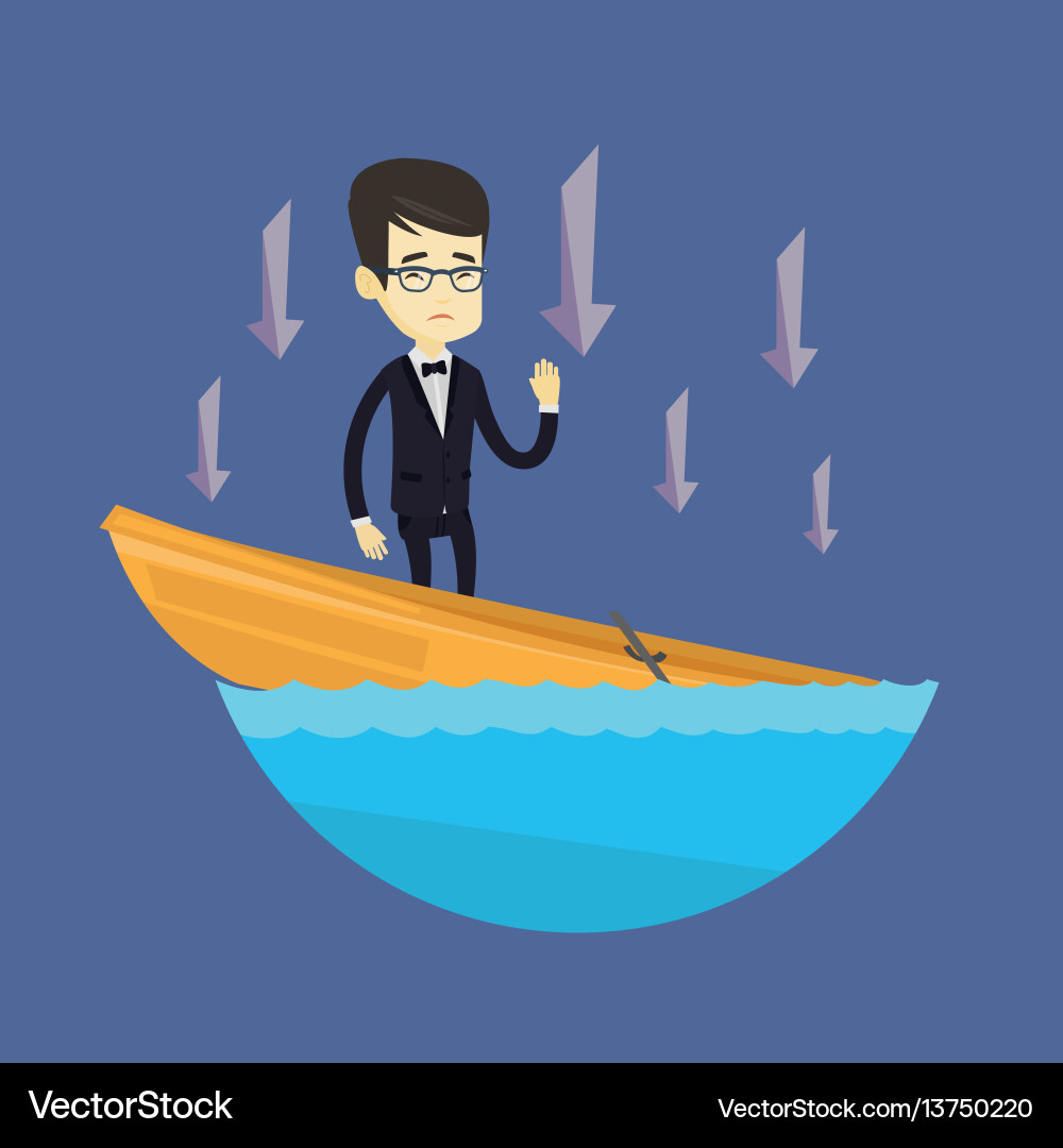 Business man standing in sinking boat Business man standing in sinking boat vector image