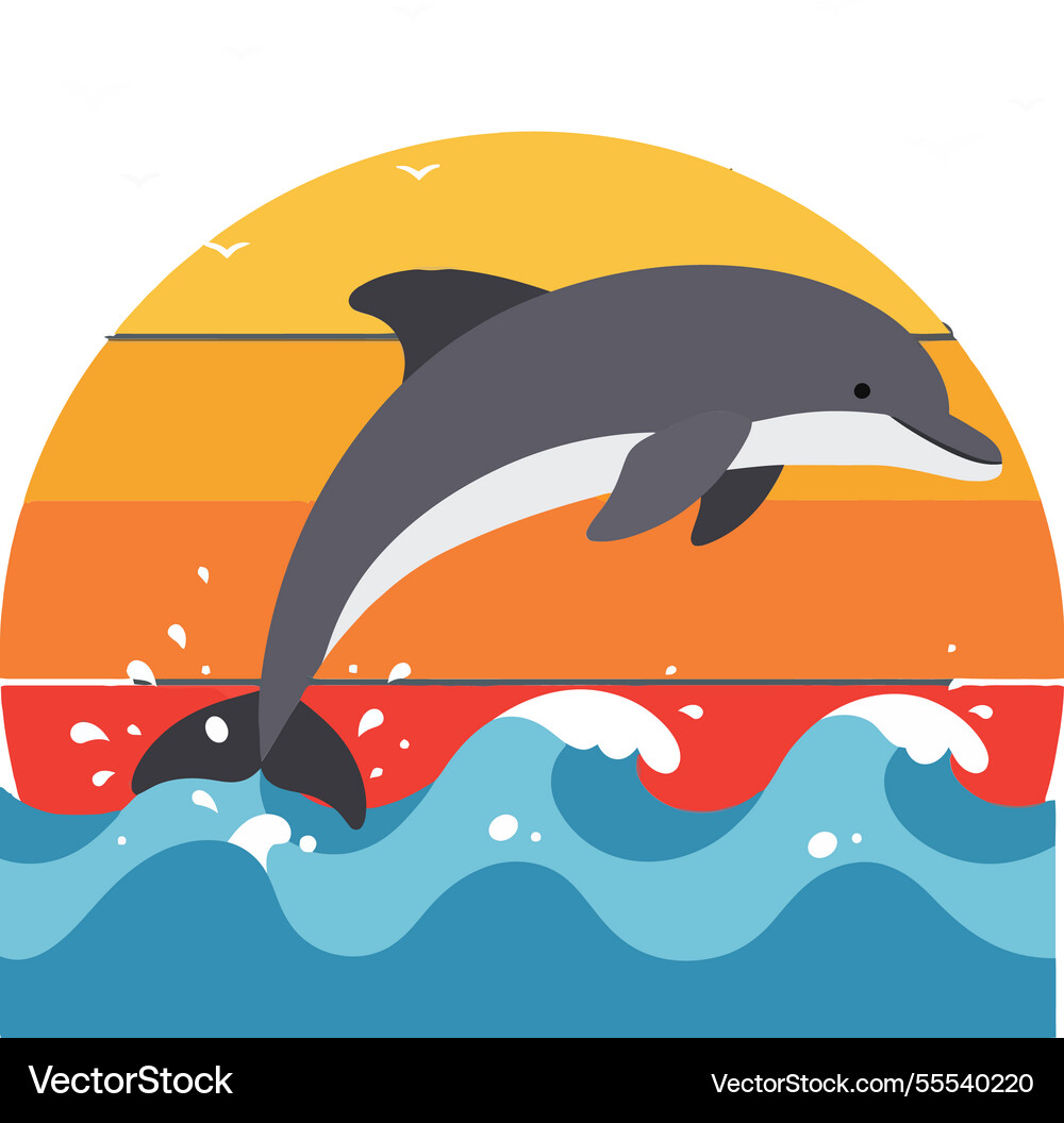 Dolphin leaping over waves at sunset in flat Vector Image