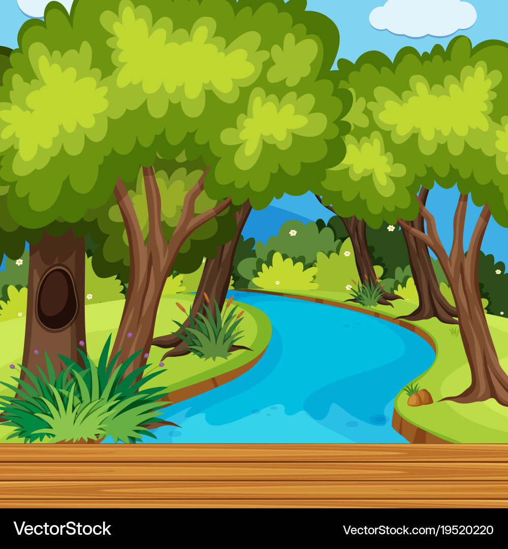 Forest scene with many trees and river Vector Image