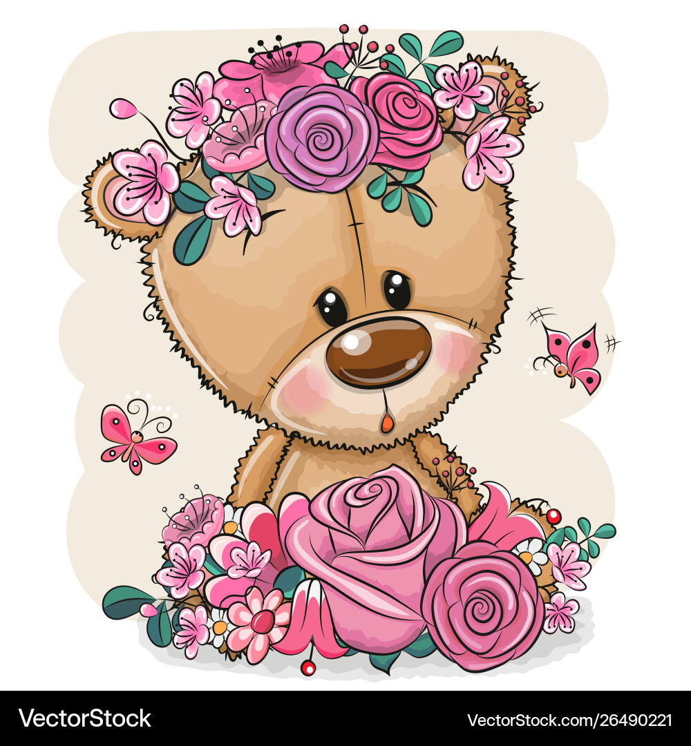 Cute Teddy Bear with Flowers Royalty Free Vector Image