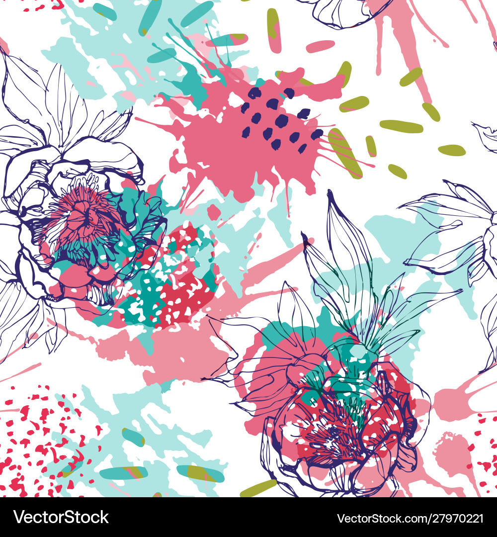 Peony Line Sketch Pattern vector image
