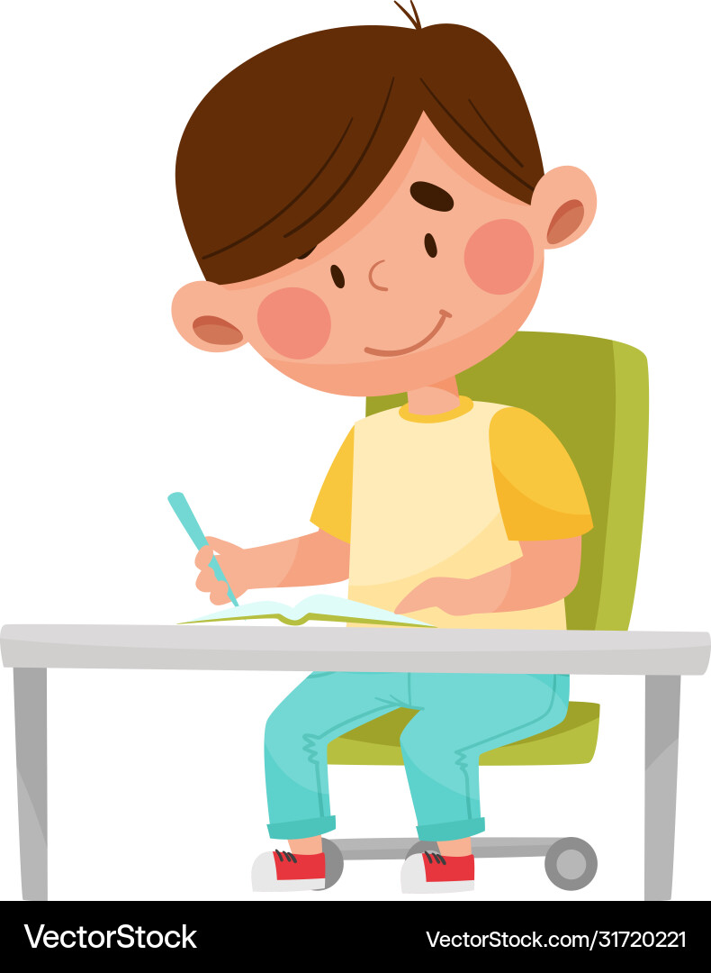 Smiling boy character sitting at table and doing Smiling boy character sitting at table and doing vector image