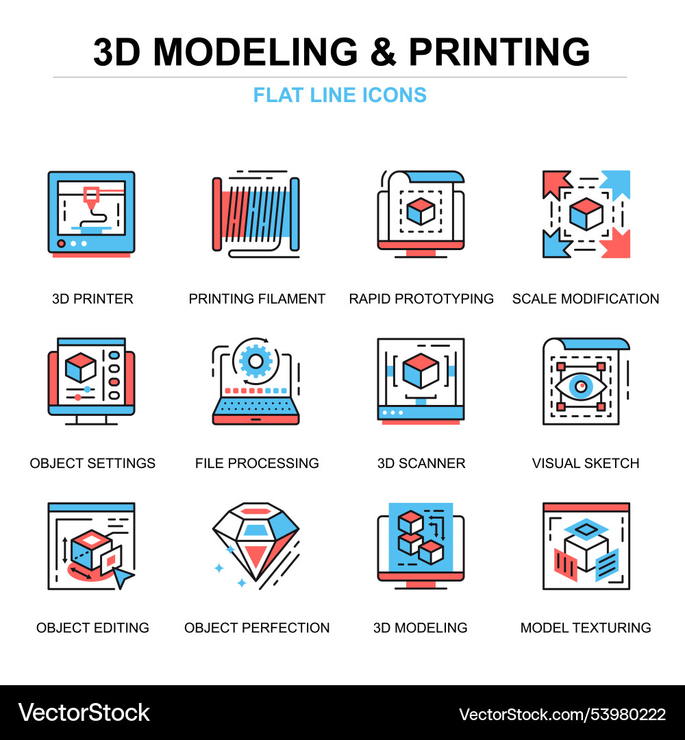 Flat line 3d printing and modeling icons concepts Flat line 3d printing and modeling icons concepts vector image