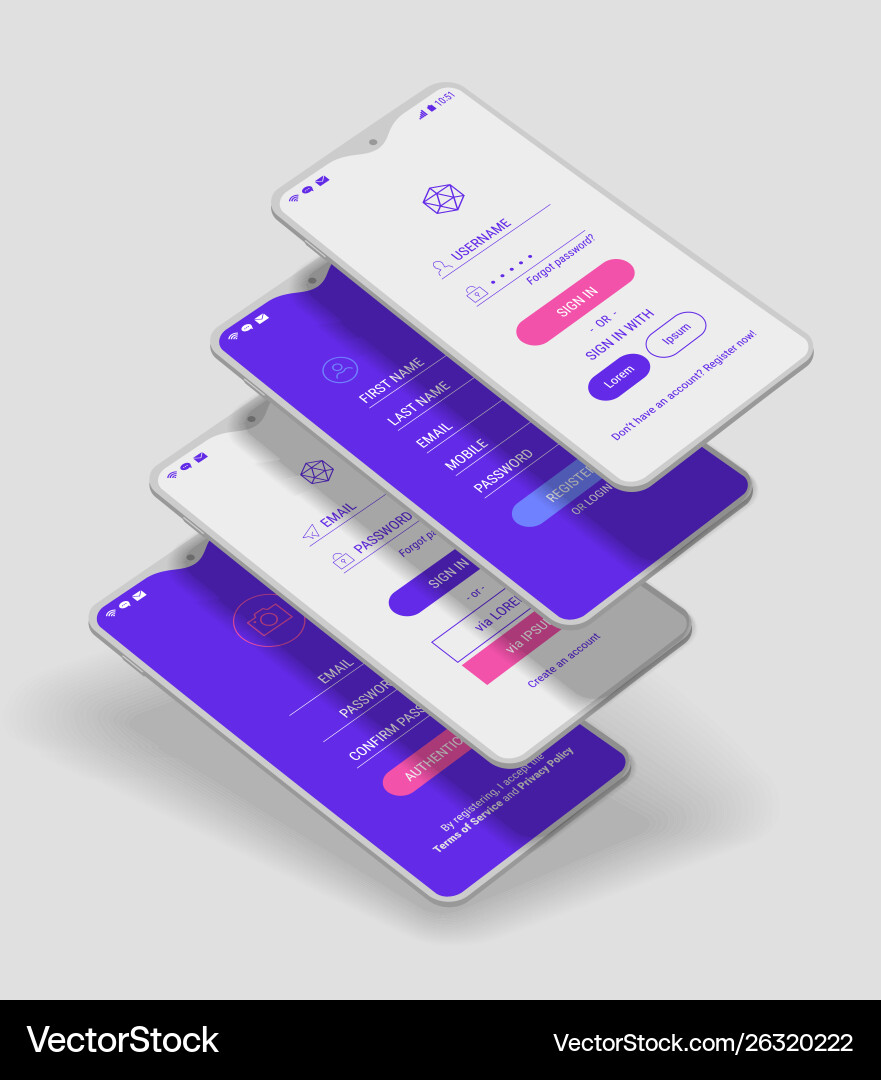 Mobile app ui sign in and up screens 3d Mobile app ui sign in and up screens 3d vector image