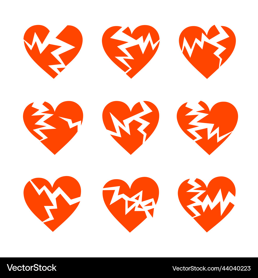 Cracked hearts flat icons set vector image