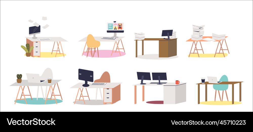 Empty workplaces set with office desks computers Empty workplaces set with office desks computers vector image
