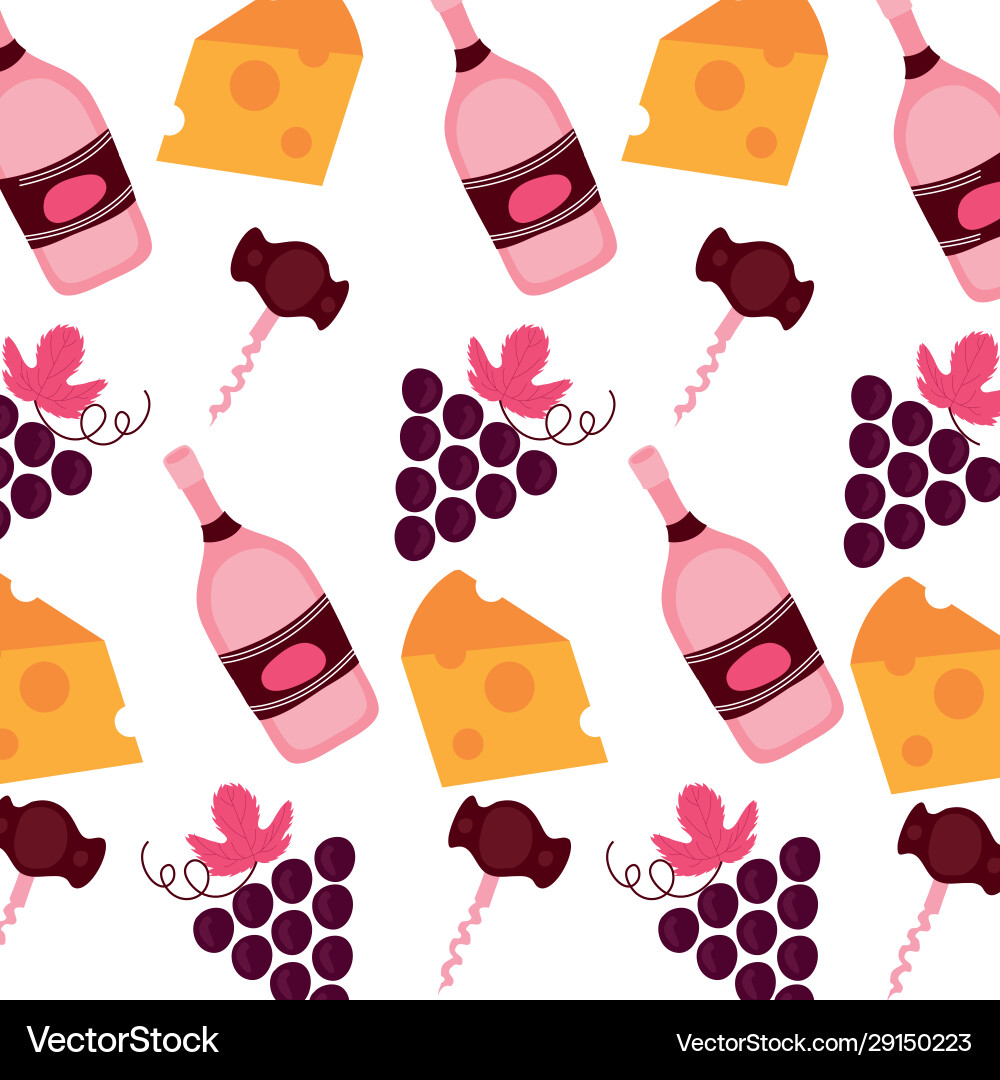 Grapes with wine bottles and cheese pattern Grapes with wine bottles and cheese pattern Vector Image