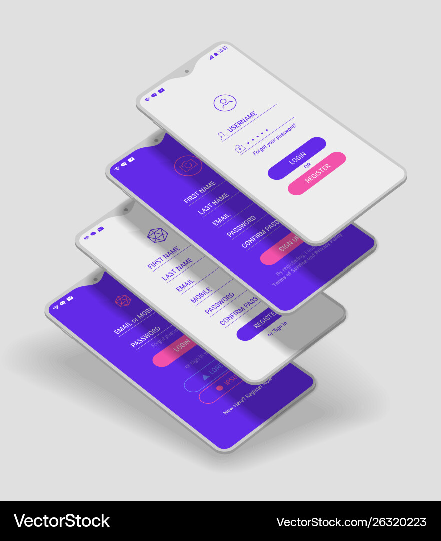 Mobile app ui sign in and up screens 3d Mobile app ui sign in and up screens 3d vector image