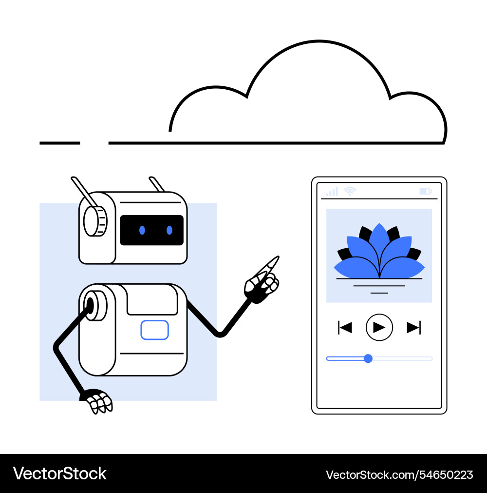 Robot interacting with smartphone music app under Robot interacting with smartphone music app under vector image