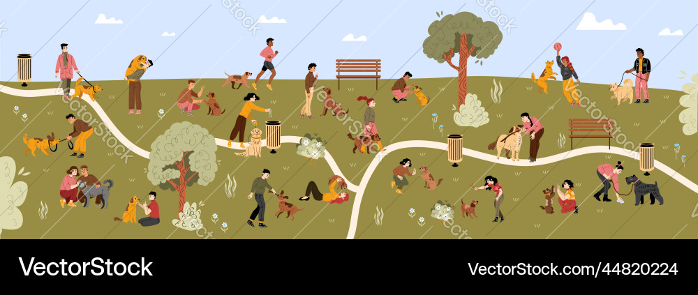 Dog park with people walking their pets Dog park with people walking their pets Vector Image