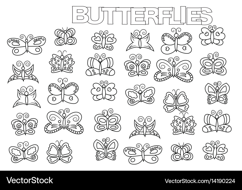 Hand drawn butterflies set coloring book page Vector Image