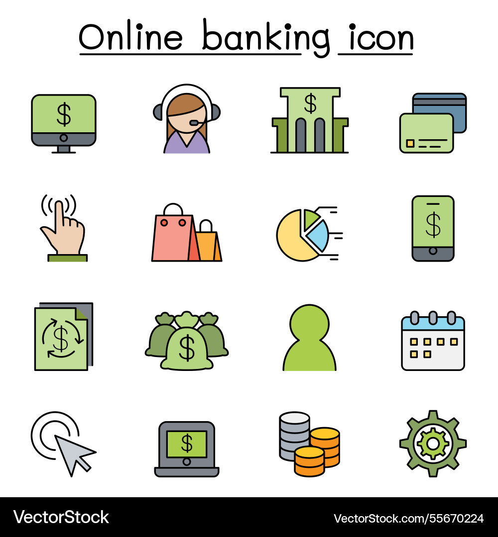 Internet banking icon set in color line style Internet banking icon set in color line style vector image