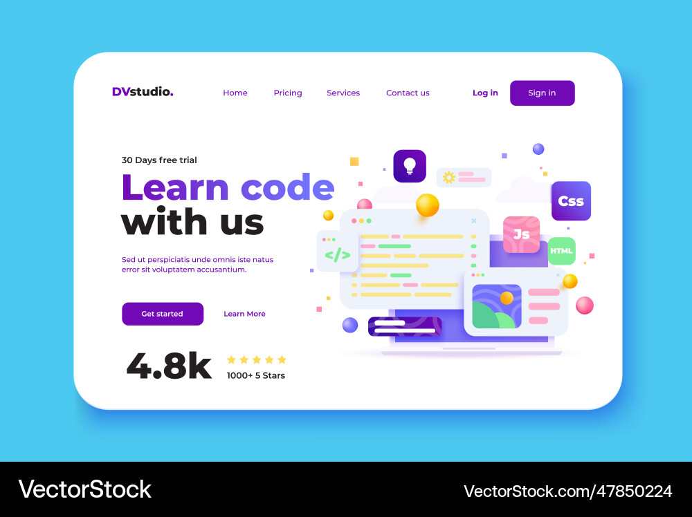Modern 3d of light landing page learn code Modern 3d of light landing page learn code vector image