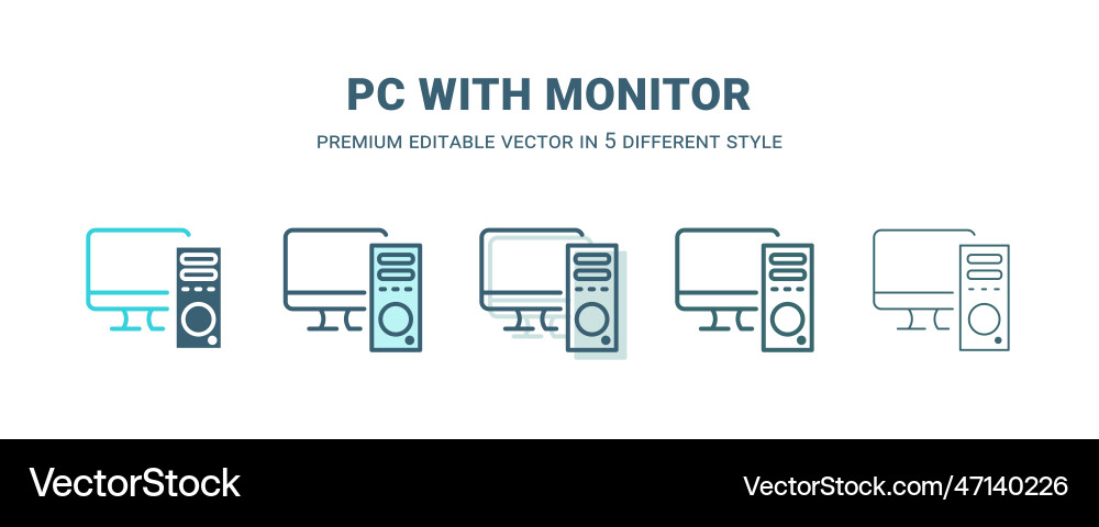 Pc with monitor icon in 5 different style outline vector image