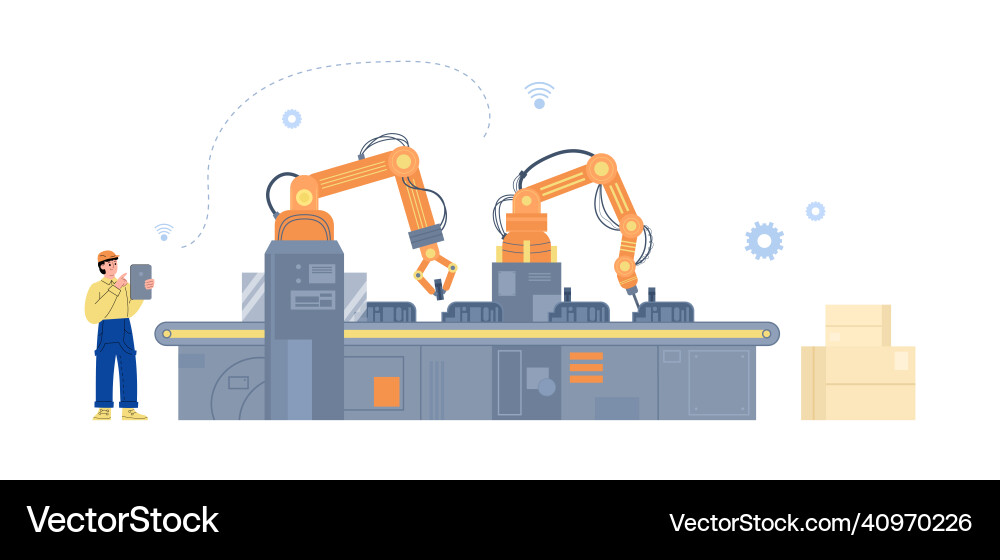 Smart automated robotic line with hi-tech Smart automated robotic line with hi-tech Vector Image