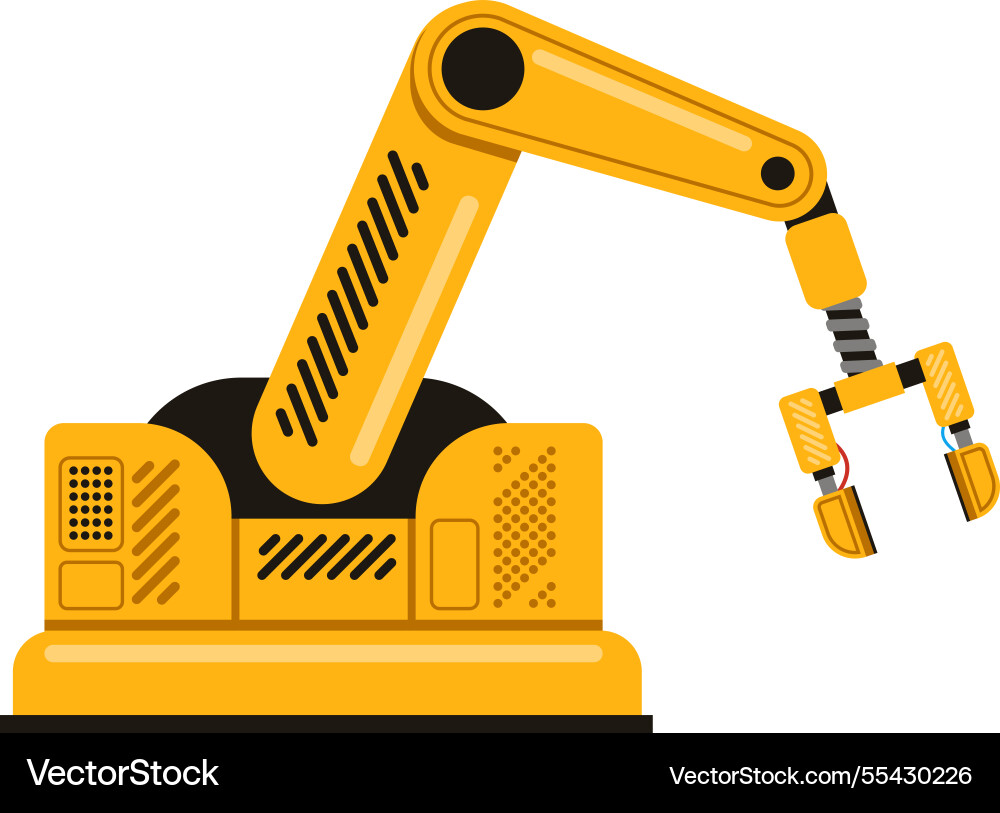 Yellow robotic arm performing automated tasks Yellow robotic arm performing automated tasks vector image