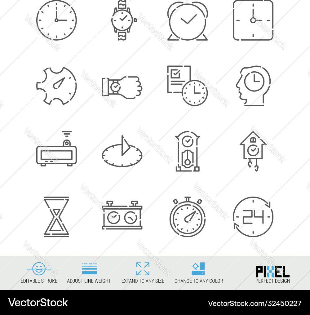Line icon set time related linear icons clock Line icon set time related linear icons clock vector image