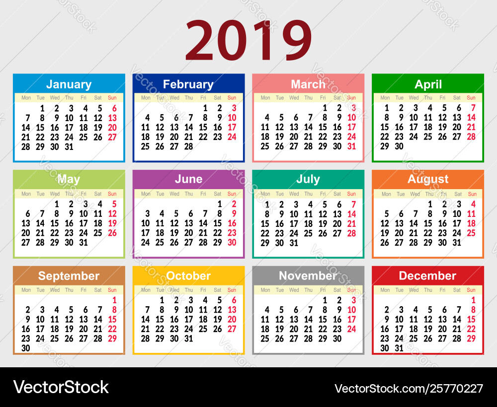 Multicolored calendar grid for 2019 in english Vector Image