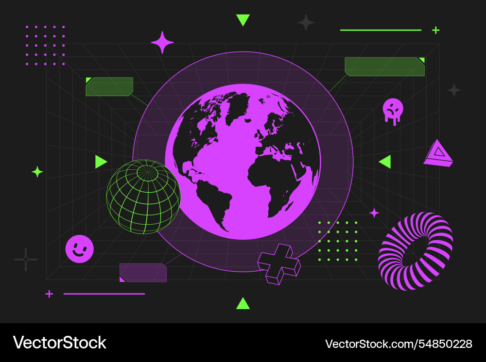 Acid style background with mesh shapes and globe vector image