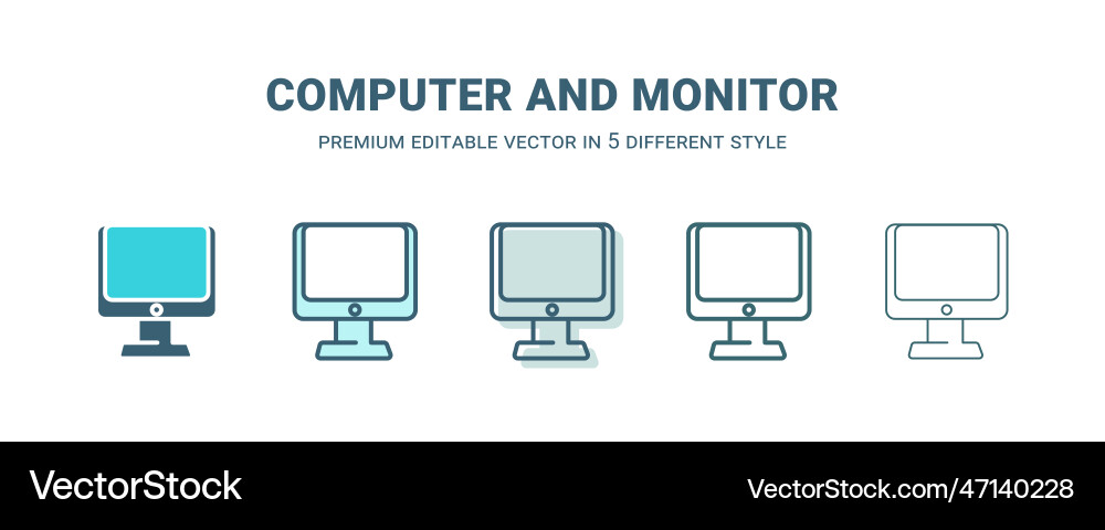Computer and monitor icon in 5 different style Computer and monitor icon in 5 different style vector image
