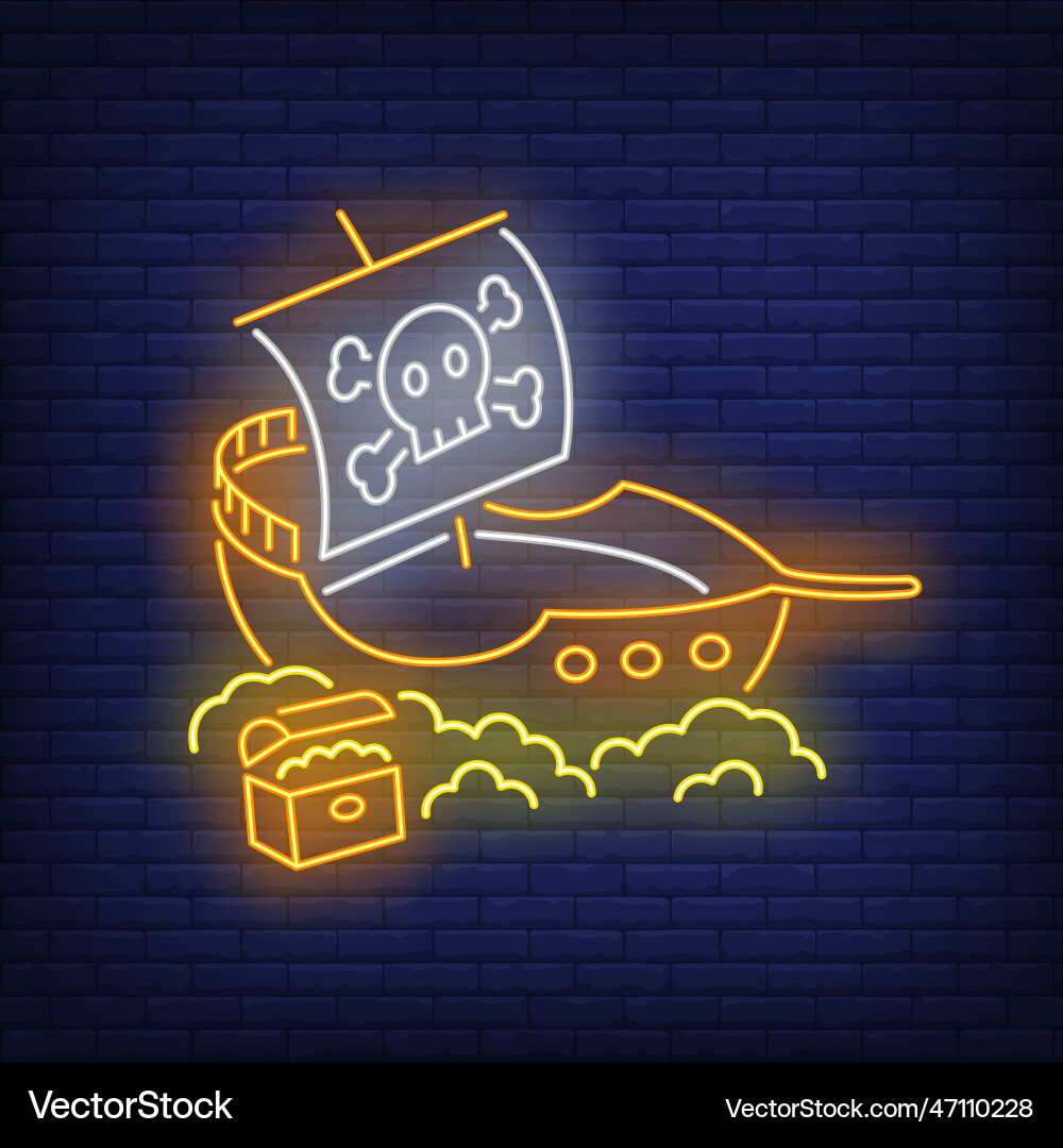 Pirate ship with jolly roger and gold neon sign Pirate ship with jolly roger and gold neon sign vector image