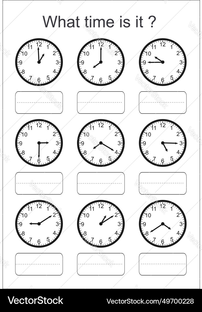 Time Telling Worksheet for Kids Royalty Free Vector Image