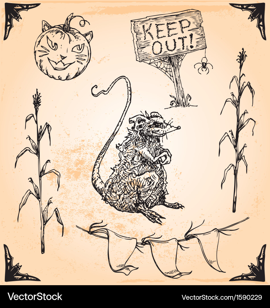 Vintage Halloween Rat & Pumpkin Set Vector Image