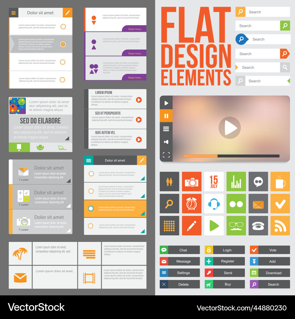 Flat web design elements buttons icons and video Flat web design elements buttons icons and video Vector Image