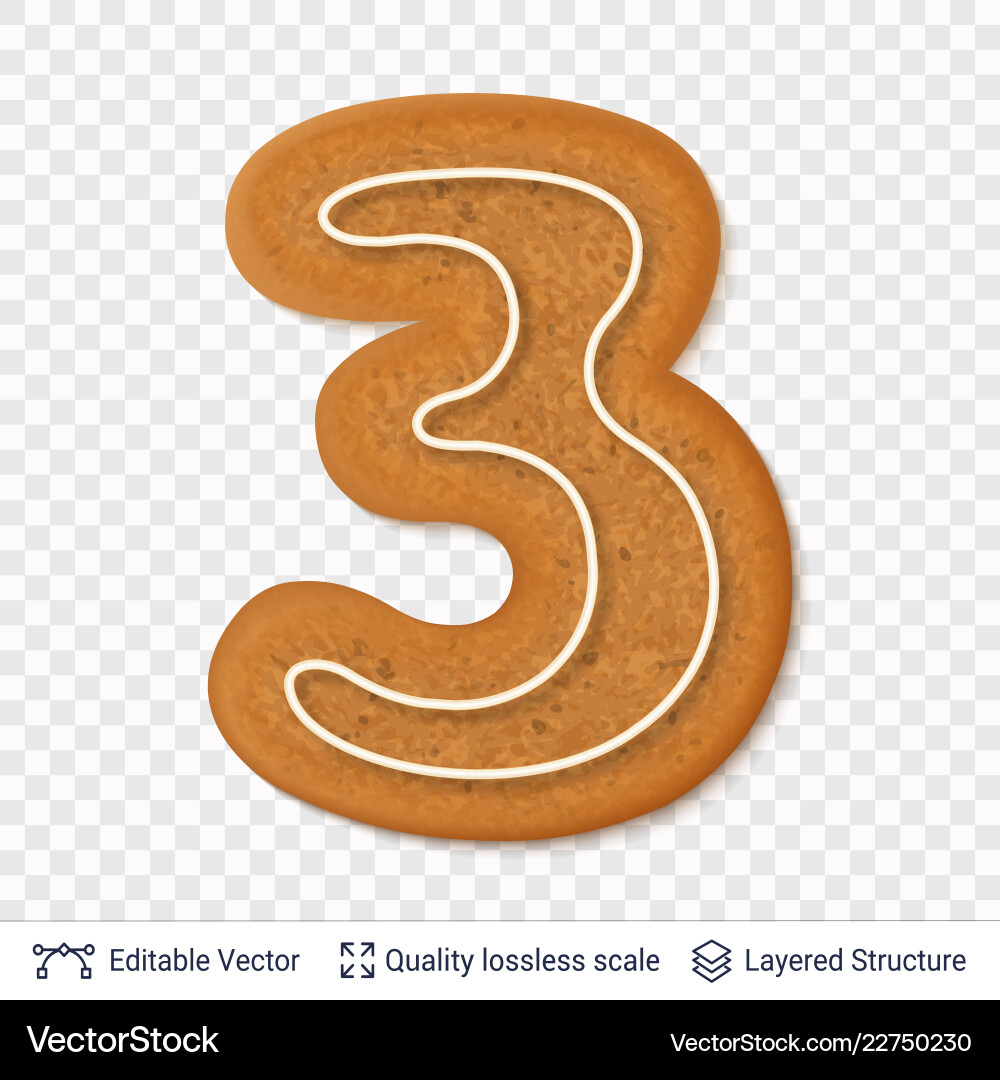 Gingerbread number three symbol with drop shadow Gingerbread number three symbol with drop shadow vector image