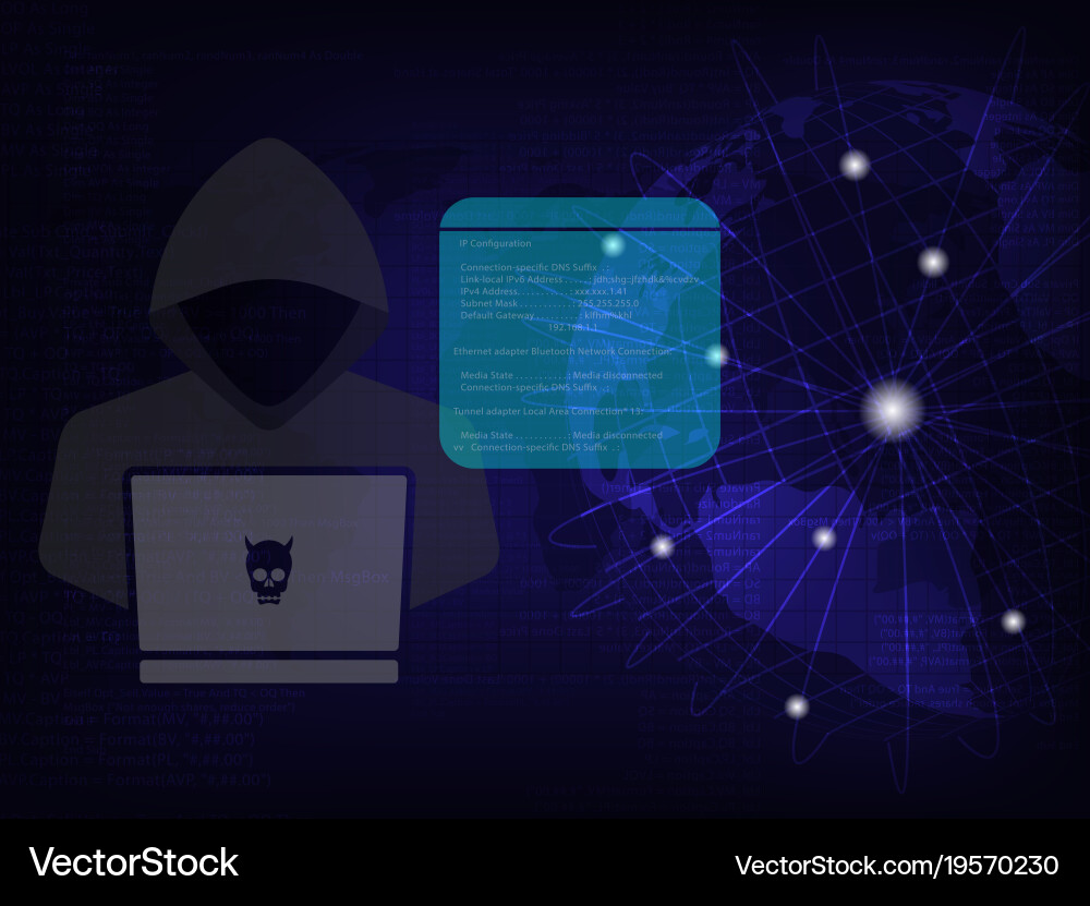Hacker at work with user interface vector image