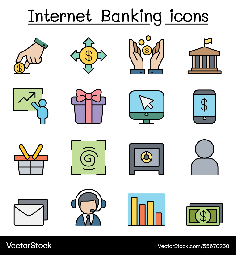 Internet banking icon set in color line style Internet banking icon set in color line style vector image