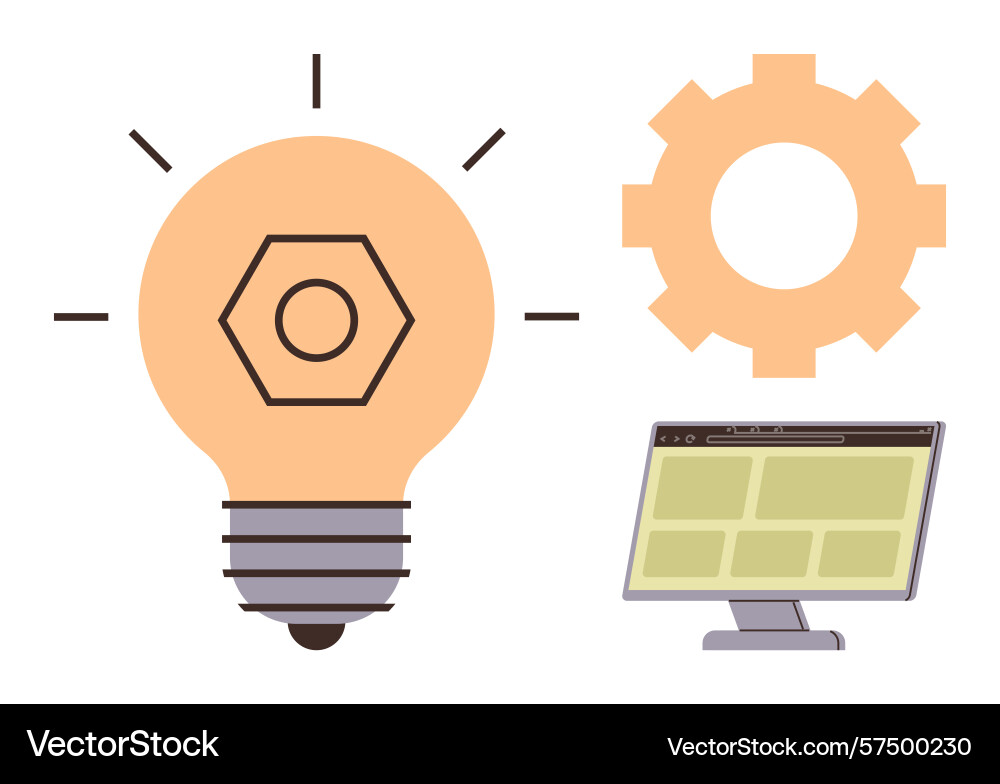 Lightbulb gear and computer monitor representing Lightbulb gear and computer monitor representing vector image