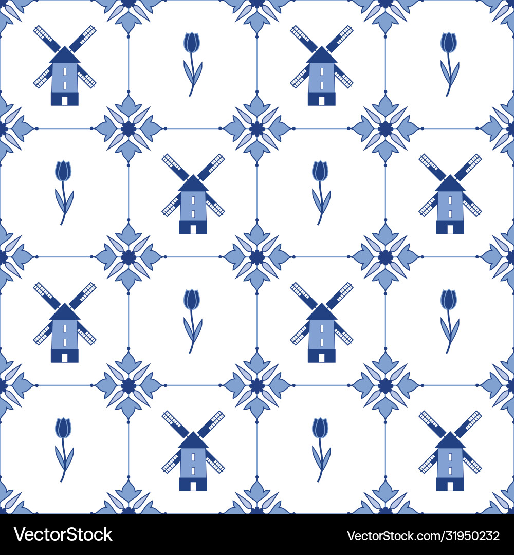 Delftware Pattern with Tulips Vector Image