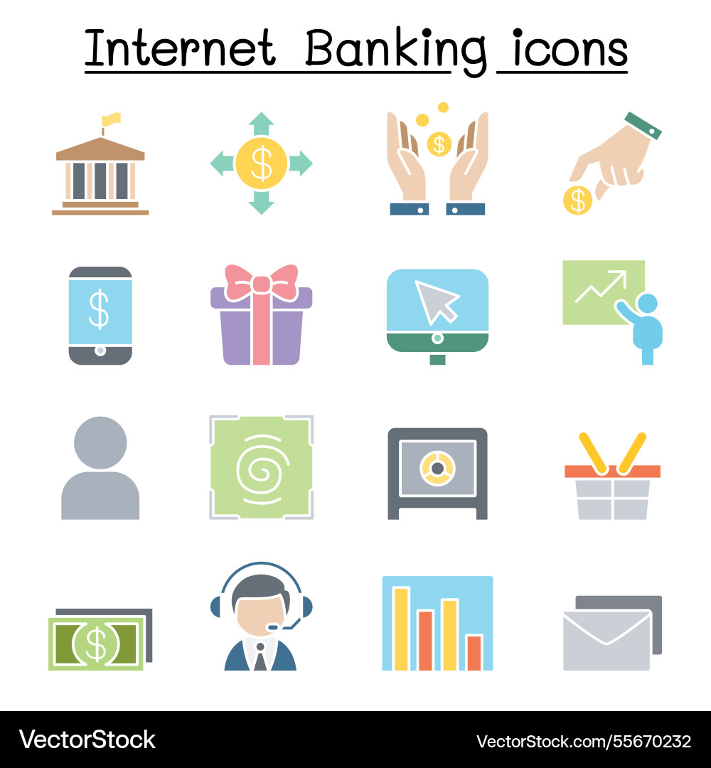 Internet banking icon set in flat color style Internet banking icon set in flat color style vector image