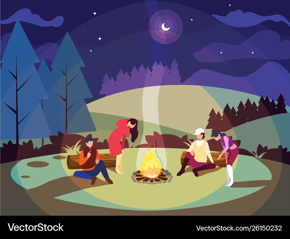Menschen im Campinggebiet mit Lagerfeuer in der Nacht Menschen im Campinggebiet mit Lagerfeuer in der Nacht vektorbild